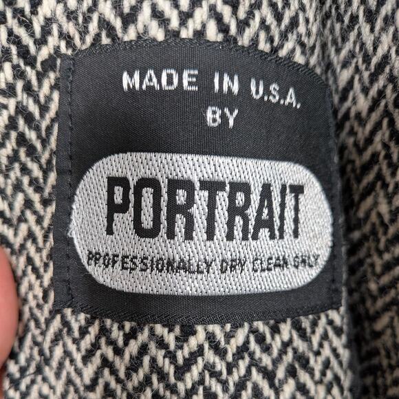 Vintage Wool Blend Coat L Black Cream 80s 90s Overcoat Trench Herringbon Classic - Picture 14 of 16